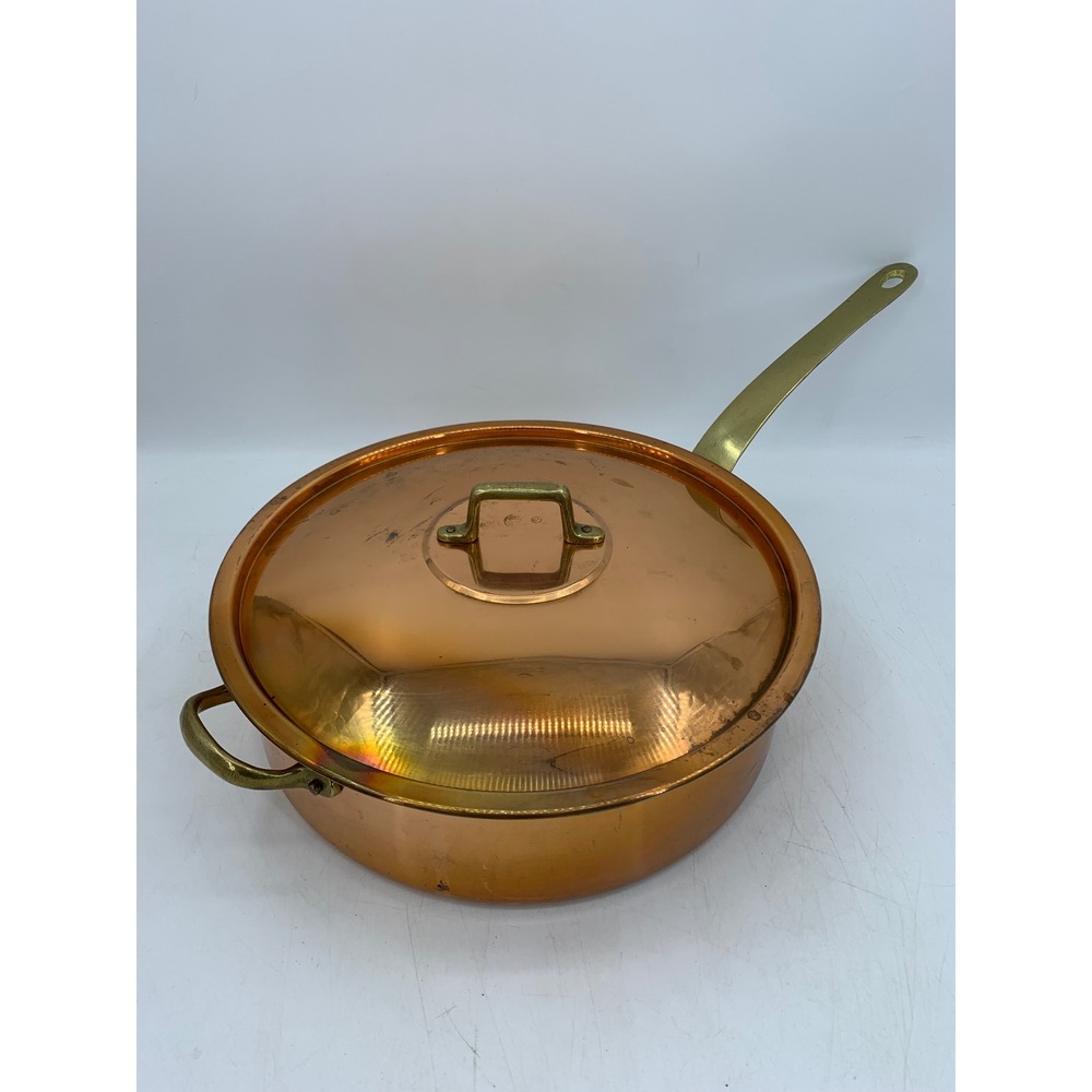 Vtg Copper 12" Skillet Saute Pan with Lid Brass Handles Unmarked European Style